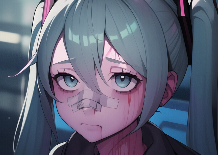 03816-2272195288-yllicft, hatsune miku, solo _lora_yllicft-10_1_, rain, injury, blood on face, bandaid on face, bandaid on nose, looking up, mast.png
